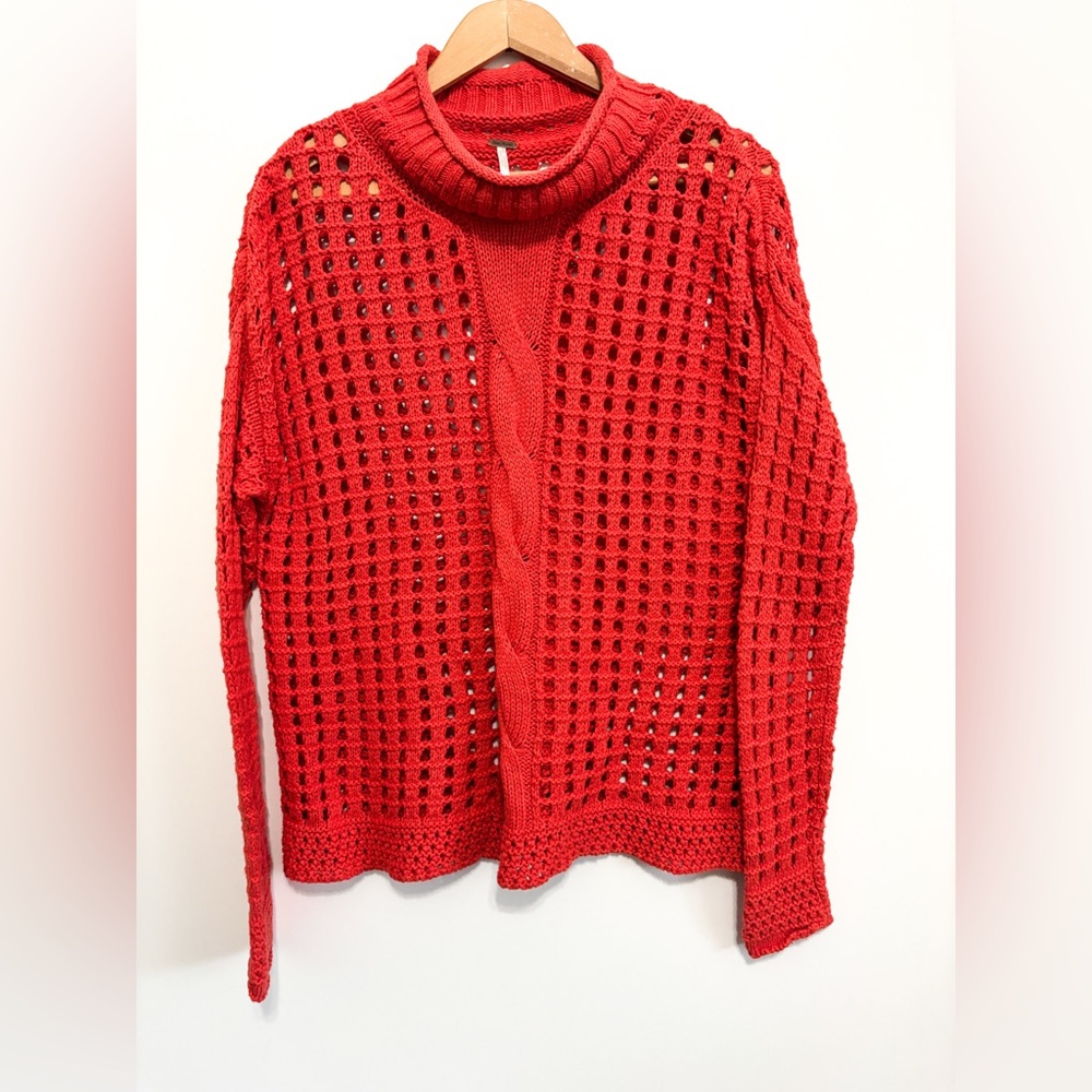 Free People Red Cowl Neck Sweater with Lattice Knit